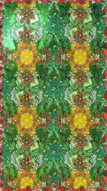 Raster illüstrasyonu. Düz Çiçek Elementleri Tasarımı. Renkli Bahar Teması eskiz kalıbı. Çiçek desenli çizim. Asya tekstil tarzında. Yeşil renkte çiçekler.