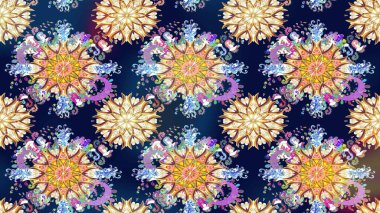 Parlak renkli çiçeklerle ve mavi ve nötr renklerde yapraklarla şaşırtıcı, pürüzsüz çiçek deseni. Modern çiçek arkaplanı. Halk tarzı. Moda baskıları için zarif bir şablon.