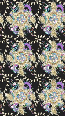 Raster Çiçek İllüstrasyonu güzel tekstil. Gri renkli etnik çiçeklerle zarif eskiz deseni.