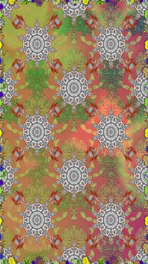 Renkli Bahar Temalı Kusursuz Arkaplan. Asya tekstil tarzında. Kusursuz çiçek deseni. Güzel kumaş deseni. Raster illüstrasyonu. Düz Çiçek Elementleri Tasarımı.