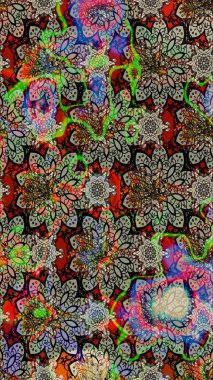 Asya tekstil tarzında. Raster illüstrasyonu. Çiçek desenli çizim. Raster illüstrasyonu. Gri renkli çiçekler.