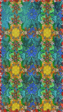 Mavi ve yeşil renklerde çiçeksiz. Çiçek deseni. Raster illüstrasyonu. Şatafatlı bahar bahçesi dokusu. Mavi ve yeşil renkte çiçekler.