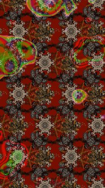 Raster Çiçek İllüstrasyonu güzel tekstil. Kahverengi ve kırmızı renkte etnik çiçeklerle süslenmiş zarif bir eskiz..