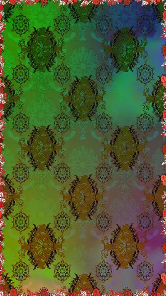 Düz Çiçek Elementleri Tasarımı. Renkli Bahar Temalı Kusursuz Arkaplan. Raster illüstrasyonu. Güzel kumaş deseni. Kusursuz çiçek deseni. Asya tekstil tarzında.