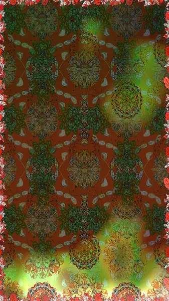 Kahverengi ve yeşil renklerde. Kusursuz dekoratif arka plan, çiçek mandala. Raster illüstrasyonu. Çiçek..