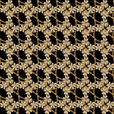 Siyah, kahverengi ve altın desenli. Tekrarlayan elementlerle kusursuz soyut arkaplan. Zarif raster klasik desen.