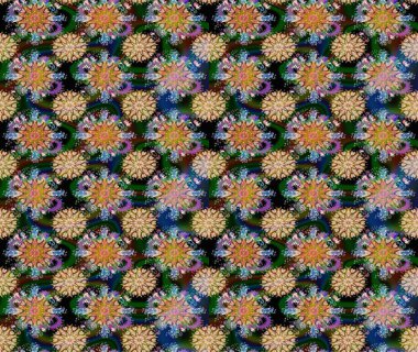 Düz Çiçek Elementleri Tasarımı. Renkli Bahar Temalı Kusursuz Arkaplan. Raster illüstrasyonu. Mavi ve kahverengi renkte zarif çiçekli suluboya.