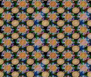 Düz Çiçek Elementleri Tasarımı. Renkli Bahar Temalı Kusursuz Arkaplan. Raster illüstrasyonu. Mavi ve kahverengi renkte zarif çiçekli suluboya.