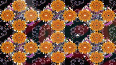 Düz Çiçek Elementleri Tasarımı. Renkli Bahar Teması eskiz kalıbı. Eskiz klasiği. Raster Şirin kumaş deseni.