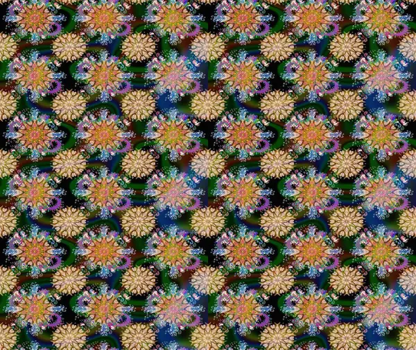 Düz Çiçek Elementleri Tasarımı. Renkli Bahar Temalı Kusursuz Arkaplan. Raster illüstrasyonu. Mavi ve kahverengi renkte zarif çiçekli suluboya.