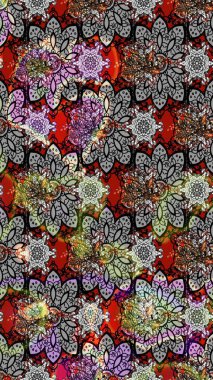 Gri renkli çiçekler. Raster illüstrasyonu. Asya tekstil tarzında. Raster illüstrasyonu. Çiçek desenini çiz.