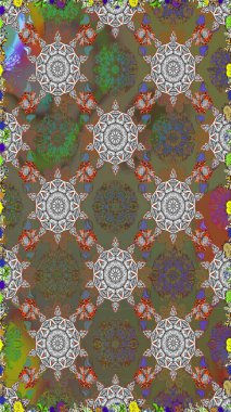 Moda baskıları için zarif bir şablon. Parlak renkli çiçekleri ve kahverengi ve gri renkli yaprakları olan şaşırtıcı, pürüzsüz çiçek deseni. Modern çiçek arkaplanı. Halk stili.