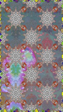 Tekstil tasarımı için gri ve nötr renklerde geleneksel halk çiçekleri buketi. Çiçeksiz desenli nakış işlemeli gelincikler ve vadi zambaklarıyla.