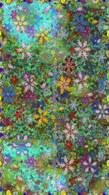 Raster. Düz Çiçek Elementleri Tasarımı. Renkli Bahar Teması Kusursuz Arkaplan.