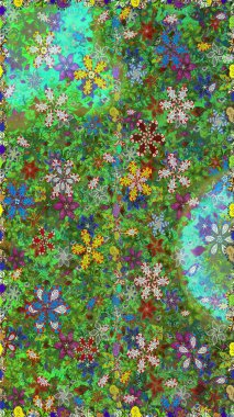 Renkli Bahar Temalı Kusursuz Arkaplan. Yeşil ve mavi renkte çiçekler. Düz Çiçek Elementleri Tasarımı. Çiçekle kusursuz desen.