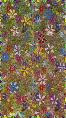 Raster Floral Illustration, Asyalı tekstil. Kahverengi ve yeşil renklerde etnik çiçeklerle kusursuz bir desen..