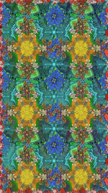 Raster Floral Illustration, Asyalı tekstil. Mavi ve yeşil renklerde etnik çiçeklerle kusursuz bir desen..