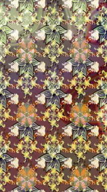 Raster illüstrasyonu. Çiçek desenli çizim. Kahverengi renkli Asyalı tekstil.