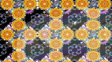 Tekstil için suluboya eskiz deseni. Şirin çiçekli, desenli, sarı renkli bir eskiz deseni. El çizimi çiçek çizimi deseni (fayans)).