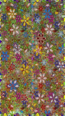 Raster Floral Illustration, Asyalı tekstil. Kahverengi ve yeşil renklerde etnik çiçeklerle kusursuz bir desen..