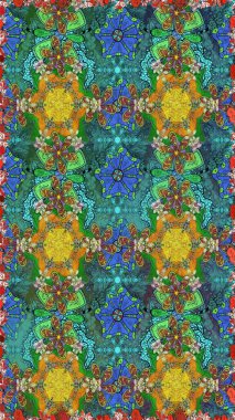 Raster Floral Illustration, Asyalı tekstil. Mavi ve yeşil renklerde etnik çiçeklerle kusursuz bir desen..