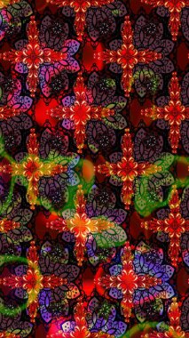 Parmak izi, kumaş, duvar kâğıdı, tekstil için raster dokusu. Renkli grunge, soyut arkaplanı koyu siyah ve kahverengi çiçeklerle süslüyor. Nakış desenli çiçek deseni..