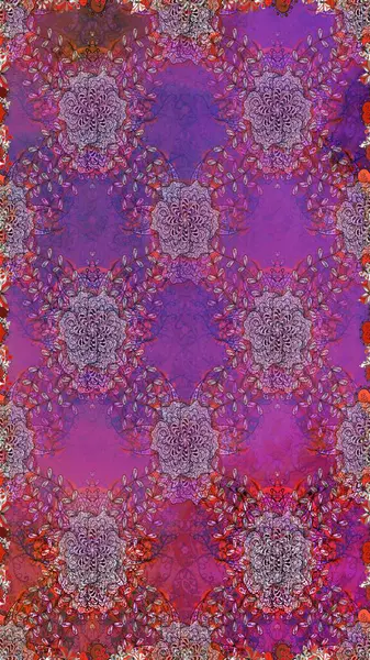 Tekstil için dikişsiz suluboya desen. Elle çizilmiş çiçek deseni (fayans). Sevimli çiçekler, desenli, mor ve nötr renklerle renksiz desen.