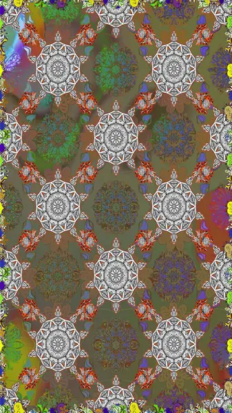 Moda baskıları için zarif bir şablon. Parlak renkli çiçekleri ve kahverengi ve gri renkli yaprakları olan şaşırtıcı, pürüzsüz çiçek deseni. Modern çiçek arkaplanı. Halk stili.