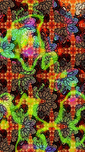 Renkli Yaz Temalı eskiz kalıbı. Raster Illustrasyon 'daki Çiçek Deseni' nin son moda çizimi. Yeşil ve siyah renkli çiçekler. Düz Çiçek Elementleri Tasarımı.