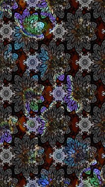 Desen, çizim, çiçek sınırı. Raster illüstrasyonu. Kıvırcık, parlak örgü. Eski moda arka plan. Güzel, parlak, pürüzsüz kumaş, tuval. Çiçeklerin çelengi.