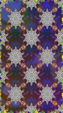 Renkli Yaz Temalı Kusursuz Arkaplan. Sevimli çiçek raster deseni. Gri ve mor renkli çiçekler. Düz Çiçek Elementleri Tasarımı.