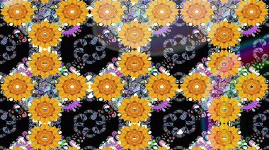 Raster - stok. Yapraklı çiçekler ve sarı renkli papatya çiçekleri. Taslak arkaplan deseni.