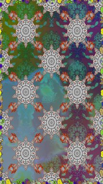 Etnik Mandala havlusu. Tebrik kartı geçmişi, boyama kitabı, arkaplan ve tekstil için kullanılabilir. Kusursuz süs izi. Sınır Kızılderili çiçekli paisley patten. Raster Henna tarzı.