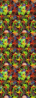 Çok yeşil ve siyah zarif küçük çiçekler ve yeşil ve siyah renkli komik böcekler, raster desen, illüstrasyon.