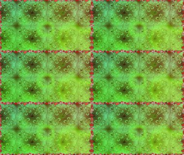 Çok yeşil ve kahverengi zarif küçük çiçekler ve yeşil ve kahverengi renkli komik böcekler, raster desen, illüstrasyon.