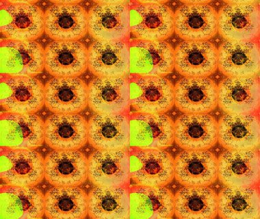 Çok portakallı, zarif küçük çiçekler ve turuncu renkli komik böcekler, raster desen, illüstrasyon.