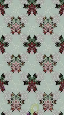 Eskiz geçmişi. Raster illüstrasyonu. Kumaş, tekstil, duvar kağıdı baskısı için. Renkli desenli eskiz deseni, gri çiçekler ve dekoratif elementlerle. Antika retro tarzı.