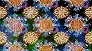 Çiçeksiz desenli, suluboya elle çizilmiş elementler. Parlak renkli fantezi çiçekleri, yapraklar, bej ve mavi renkli tomurcuklar bej ve mavi.