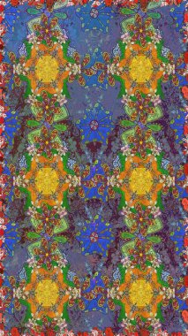 Raster illüstrasyonu. Kahverengi ve mavi renklere karalamalar çizen kusursuz çiçek deseni.