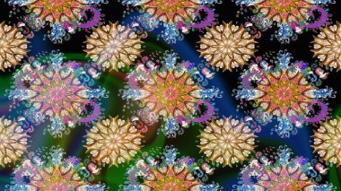 Çiçeksiz desenli, suluboya elle çizilmiş elementler. Parlak renkli fantezi çiçekleri, yapraklar, bej ve mavi renkli tomurcuklar bej ve mavi.