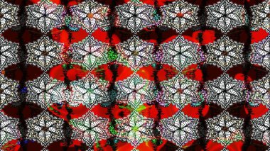 Kumaş, tekstil, duvar kağıdı baskısı için. Raster illüstrasyonu. Renkli desenli eskiz deseni, siyah çiçekler ve dekoratif elementlerle. Eskiz geçmişi. Antika retro tarzı.