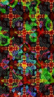 Suluboya elle çizilmiş çiçek desenli eskiz deseni. Parlak renkli fantezi çiçekleri, yapraklar, siyah ve kahverengi renkli tomurcuklar..