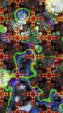 Eski usul. Raster illüstrasyonu. Renkli desenli eskiz deseni, kahverengi ve siyah çiçekler ve dekoratif elementler. Kumaş, tekstil, duvar kağıdı baskısı için. Taslak arkaplan.