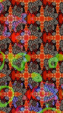 Raster Çiçek İllüstrasyonu 'nun şirin tekstili. Kırmızı ve kahverengi renkli etnik çiçeklerle zarif bir eskiz deseni..