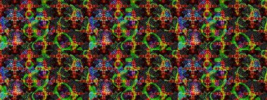 Tekstil, kumaş, ambalaj, hatıra defteri için hoş bir çiçek arkaplanı. Çocuksu tasarım. Siyah ve yeşil arka planda. Elle çizilmiş karalama çiçekleri ile Raster çizim deseni.