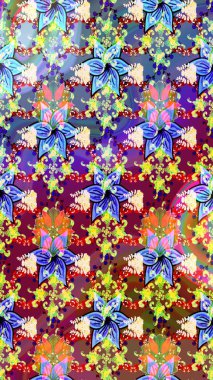 Kumaş, tekstil, duvar kağıdı baskısı için. Eskiz geçmişi. Renkli desenli eskiz deseni, mavi çiçekler ve dekoratif elementlerle. Eski usul. Raster illüstrasyonu.