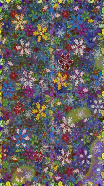 Renkli Bahar Temalı Kusursuz Arkaplan. Yeşil renkli çiçekler. Raster illüstrasyonunda kusursuz çiçek deseni. Düz Çiçek Elementleri Tasarımı.