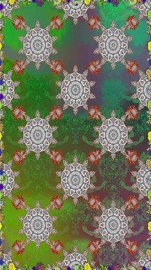 Çiçek desenli raster, yeşil ve gri çizgi grafik desenli soyut raster arkaplan. Modern stil dokusu.