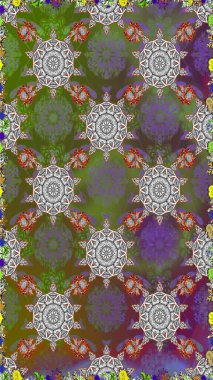 Renkli Bahar Temalı Kusursuz Arkaplan. Raster illüstrasyonunda kusursuz çiçek deseni. Düz Çiçek Elementleri Tasarımı. Gri ve yeşil renkte çiçekler.