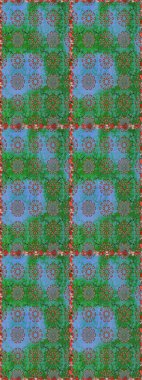 Çok yeşil ve mavi zarif küçük çiçekler ve yeşil ve mavi renkli komik böcekler, raster desen, illüstrasyon.